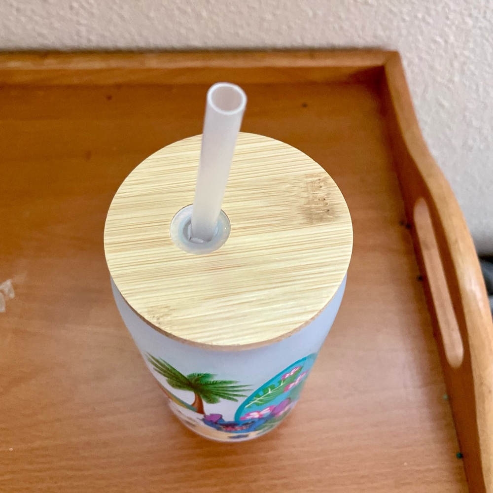 Tropical Themed Frosted Glass Tumbler with Straw - Picture 2 of 3